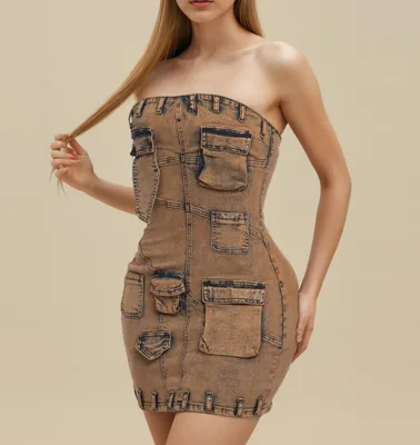 ZHEZHE 2024 Fall and Winter Women Multi Pocket Splicing Sexy Strapless Short Denim Dress With Hip Hugging Design