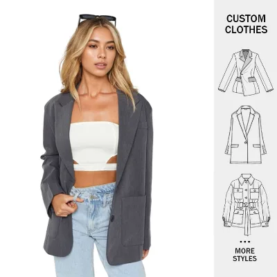 Customized Fashion Premium Sense Gray Bartered Lapel Large Pockets Single Breasted Back Slit Women's Large Size Suit Jacket