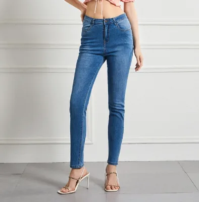 2025 European and American women's plus size jeans slim fit high waist high elasticity small leg pants