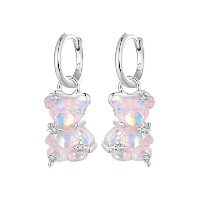 925 Sterling Silver Dreamy Pink Bear Drop Dangle Earrings Lovely Gift for Girl Daugter Huge Rainbow Crystal Hoop Earring SCE1790