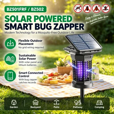 Solar Bug Zapper Mosquito Killer Outdoor Light 3000V Electric Insect Trap Dual UV LED Smart App Control Waterproof