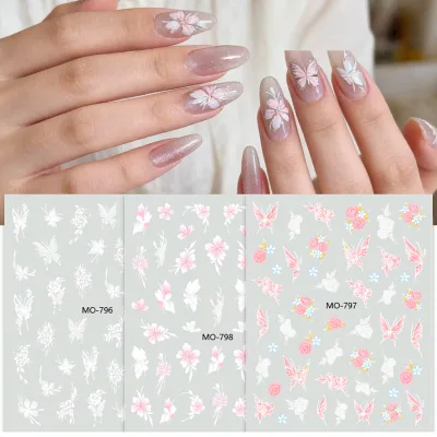 Hand-drawn Magnolia Flower Butterfly Nail Art Stickers With 3D Embossed Pure Petals Small Floral Nail Decals