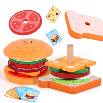 Wholesale Pretend Play Stacking Blocks Matching Fast Food Sandwich Hamburger Toy, Wooden Kitchen Toy, Kitchen Food Toys