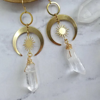 Natural White Crystal Pendant Earrings Quartz Moon Dangle Earrings for Women Beloved Jewelry