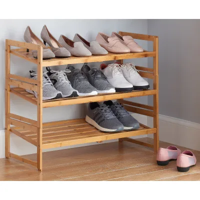 3- Tier Slat Shoe Rack, Stackable and Expandable with Adjustable Shelves, Entryway Shoe Storage Organizer