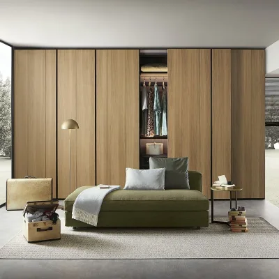 Light Oak Veneer Floor-to-Ceiling Wardrobe Hidden Long Black Handle Full-Wall Seamless with Open/Closed Storage Sections