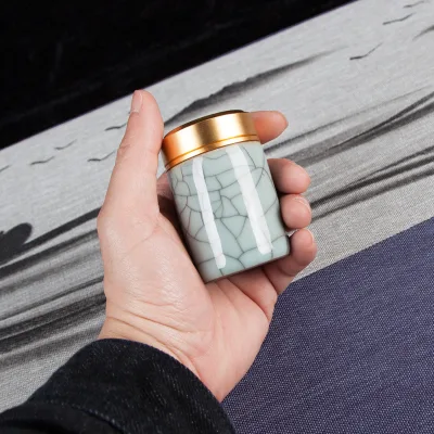 Ceramic Tea Canister, Metal-lipped Celadon sealed Canister, Small Travel Portable Mini Canister in Tea Gift Box Packaging
