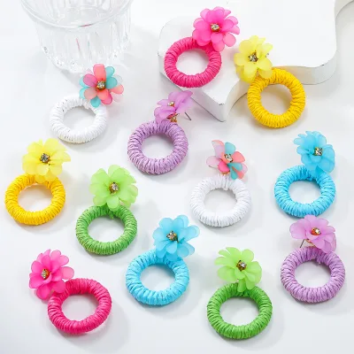 Wholesale Trendy Spring Acrylic Raffia Grass Flower Earrings Big Dangle Ladies' Woven Stud Jewelry with Alloy and Zircon Stone