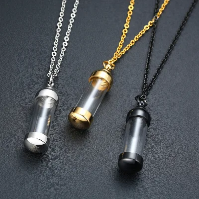 Trendy Personalized Glass Long Tube Necklaces Gold Plated Stainless Steel Chain Clear Openable Perfume Bottle Pendant Necklaces