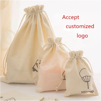 Logo Printing Nature Cotton Jewelry Pouches With Cotton Rope