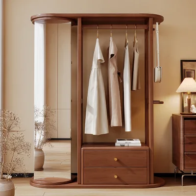 Modern Design Solid Wood Coat Hat Rack With Rotating Clothes Storage Drawer and Mirror Single Hanger for Bedroom Use