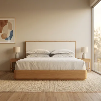 FERLY Modern Japandi Bed Frame with Solid Wood Accents Elegant Upholstered Platform Bed Cream Fabric Padded Headboard for Villa