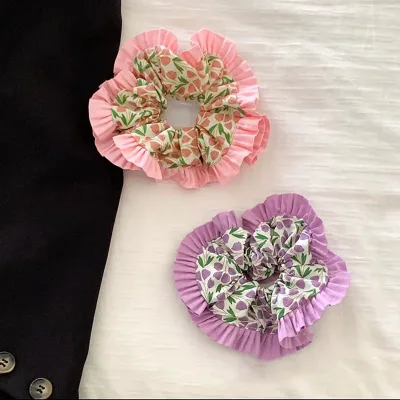 Summer Rose Floral Satin Scrunchies Pleated Auric Edge with Sweet Style for Ponytail