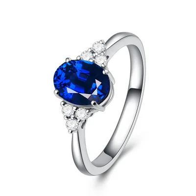 Hot Sale Trendy Christian Women Finger Rings 6*8MM Blue Crystal Oval Shaped CZ Diamond Rhodium Plated 925 Sterling Silver Rings