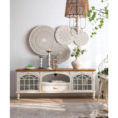 Vintage White Metal Frame TV Cabinet Living Room Nordic Bedroom Storage Cabinet Simple European Solid Wood Dining Side Cabinet