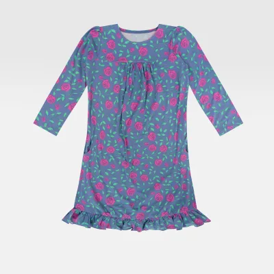 Customized Bamboo Soft Fabric Eco-Friendly Breathable Long Sleeve O-Neck Flower Print Girls Baby Dress for Infants & Toddlers