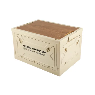 Camping Folding Storage Box with Wooden Lid Eco-Friendly Plastic Organizer Featuring Custom Logo Opening Doors