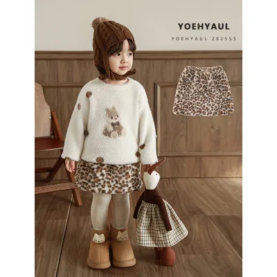 YOEHYAUL D4746 Baby Plush Leopard Print Skirt Girl Winter Thick Warm 2025 Leopard Print Short Skirt Little Girl Children's Skirt