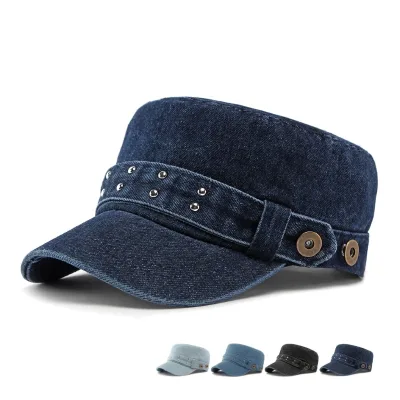 Washed Denim Cadet Cap Women Rivet Strap Flat Top Jean Hat Adjustable Casual Outdoor Cadet Caps Wholesale