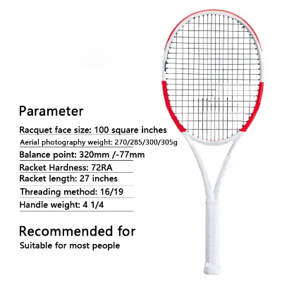 Balanced Power Control Unstrung Tennis Racket Carbon 27 Inch 16/19 String Bed White Red Frame for Daily Court Play