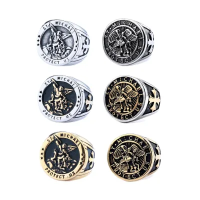 Stainless Steel Punk Style Jewelry 18k Gold Plated StaInless Steel Catholic Archangel Saint Michael Ring for Men