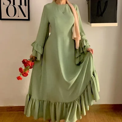 Solid Color Blend Linen Fabric 2 Layer Ruffled Cuff Back with Tie Classic Abaya for Muslim Young Girls