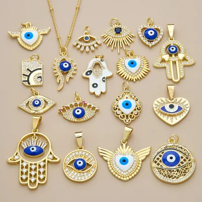 Blue Eye Pendant Necklace Oil Drop Charms Dripping Oil Pendant Enamel Pendant Palm Necklace Charms Hand of Fatima Gold Charms
