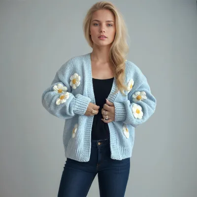 New Knitted Polyester Cardigan with Flower Pattern V-Neck Long Sleeves Korean Style Autumn Anti-Wrinkle