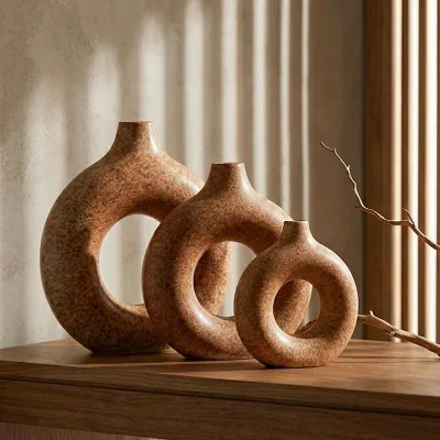 Set of 3 Modern Ceramic Tabletop Vases Round Home Decor for Housewarming Bohemian Nordic Minimalist Pampas Grass Design