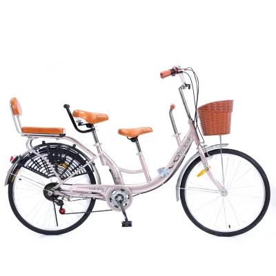 26 Inch Single Speed Family City Bike Rose Gold with Basket Child Seat Step-Through Frame for Parent-Child Commuting