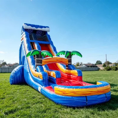 Custom Colorful Commercial Grade PVC Palm Tree Water Slide Inflatable Water Slide With Pool Bouncy Castle Water Jump Slide