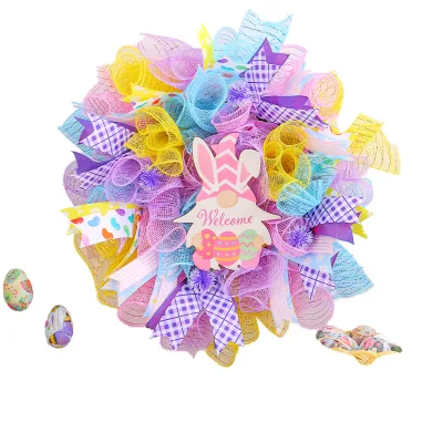 Artificial Easter Bunny Mesh Ribbon Wooden Wreath Colorful Holiday Wreath for Modern Party Front Door Wall Hanging Decoration