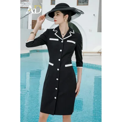 Casual Midi Solid Button Natural Woven Office Dresses for Women Factory Supply