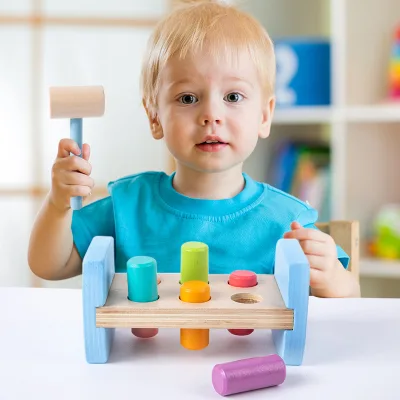 Children's Wooden Animal Pounding Bench Educational Toy, Helps Baby Exercise Arm Strength, Colorful Pounding Bench Toy