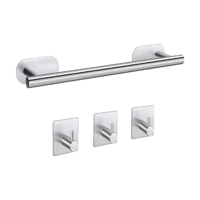 Bathroom Wall Mounted Adhesive Towel Bar Set 304 Stainless Steel Paper Towel Holder Single Hook Silver Four Piece Set