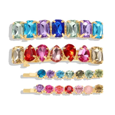 Trendy Ins Fabulous Rainbow Rhinestone Hair Barrette Slides Accessories Women Pins Colorful Crystal Stones Hairgrip