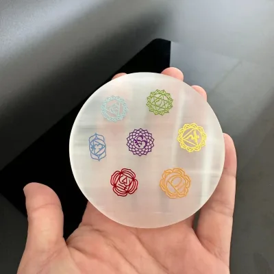 Healing Stone Crystal Engraved 7 Chakra Symbol Selenite Plate Seven Chakra Selenite Slab