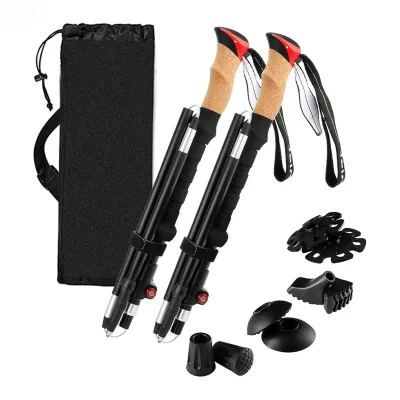 Foldable Nordic Trekking Poles Telescopic Hiking Aluminum Iron 3-section Ultralight Durable 135cm Adjustable Length OEM Outdoor