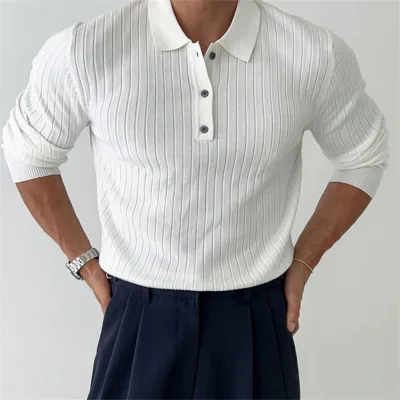 Wholesale Men Ribbed Knit Long Sleeve TShirt Solid Color Button Placket Regular Fit Formal Business Casual Office Work Wear
