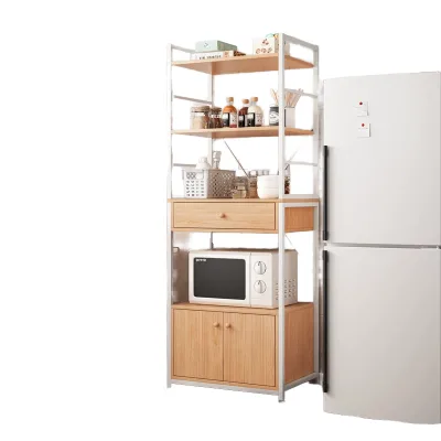 Kitchen Storage Rack Multi Tier Metal Wood Combination Shelving Unit With Drawer Cabinet for Fridge Side Microwave Spice
