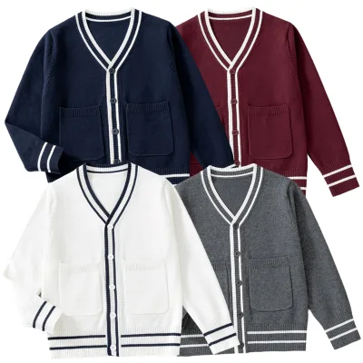 Cross-Border Pocket V-Neck Medium and Large Children's Knitted Cardigan School Uniform Boys and Girls Sweater Jacket
