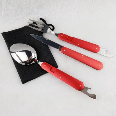 3 Pcs Portable Knife Fork Spoon Camping Cutlery Set Utility Utensi for Home Outdoor Travel Hiking Camping BBQ Barbecue with Bag