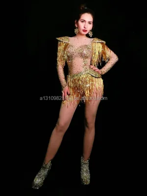 Gold Diamond Tassel Jumpsuit Sexy Sparkle Dance Costume Custom Costumes