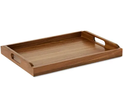 Rectangular Wooden Serving Tray with Cutout Handles, Large Wood Breakfast Tray, Decorative Food Platter for Snack Drinks