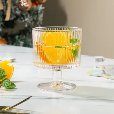 Vintage Ribbed Stemmed Wine Glasses 300ml Origami Style Glass Coupe Cocktail Cups