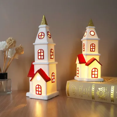 Handcrafted Ceramic Christmas Village Church Houses Miniature Figurine Decoration with Led Lights Wholesale