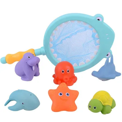 Fun Cartoon Style Jetting Water Not Fade Baby Silicone Bath Toys with Net Bag
