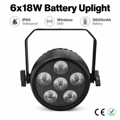 IP65 Waterproof Wireless DMX&IRC Flat Par Can Battery 6x18W 6in1 UPLIGHT DMX Remote Control Phone App Wedding DJ Event