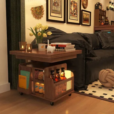 Solid Wood Retro Height-adjustable Coffee Table Folding Tea Table Multi-functional Living Room Table Eco-Friendly & Durable