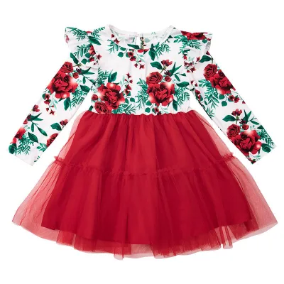 Fashion Gauze Christmas Dress for Girls Floral Print Solid Color Double Mesh Design Long Sleeve Casual Autumn Dress for Children